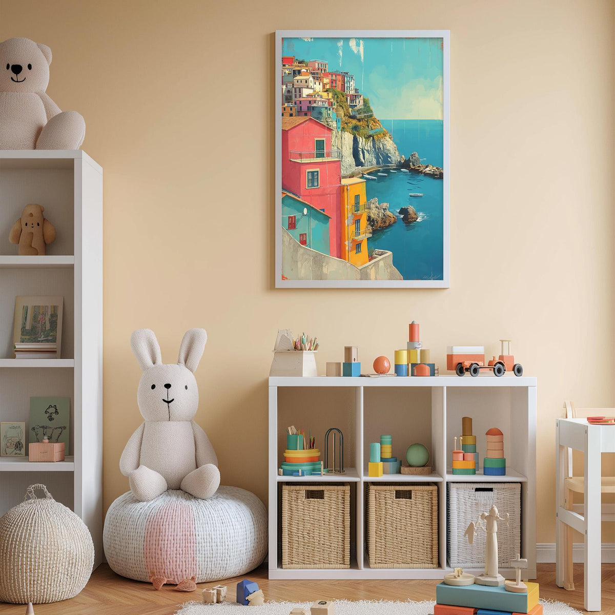 A child's bedroom with a large stuffed rabbit, a colorful painting of a coastal town, and a toy shelf filled with various toys and storage bins.