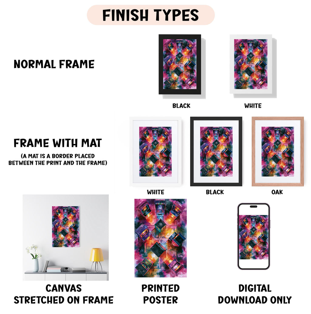 various types of artwork, including a canvas stretched on a frame, a framed poster, and a digital poster. The artwork is presented in different frame colors, such as black, white, and oak. The image also includes a description of the artwork, including its frame color, whether it is a canvas stretched on a frame or a framed poster, and whether it is a digital poster or a printed poster. The image is not a collage of multiple images, and the descriptions provided are not redundant or vague.