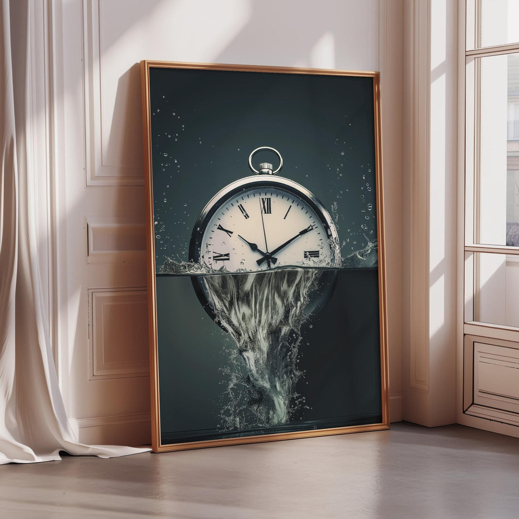 a large clock with a water-like effect, creating a surreal and dreamlike atmosphere.