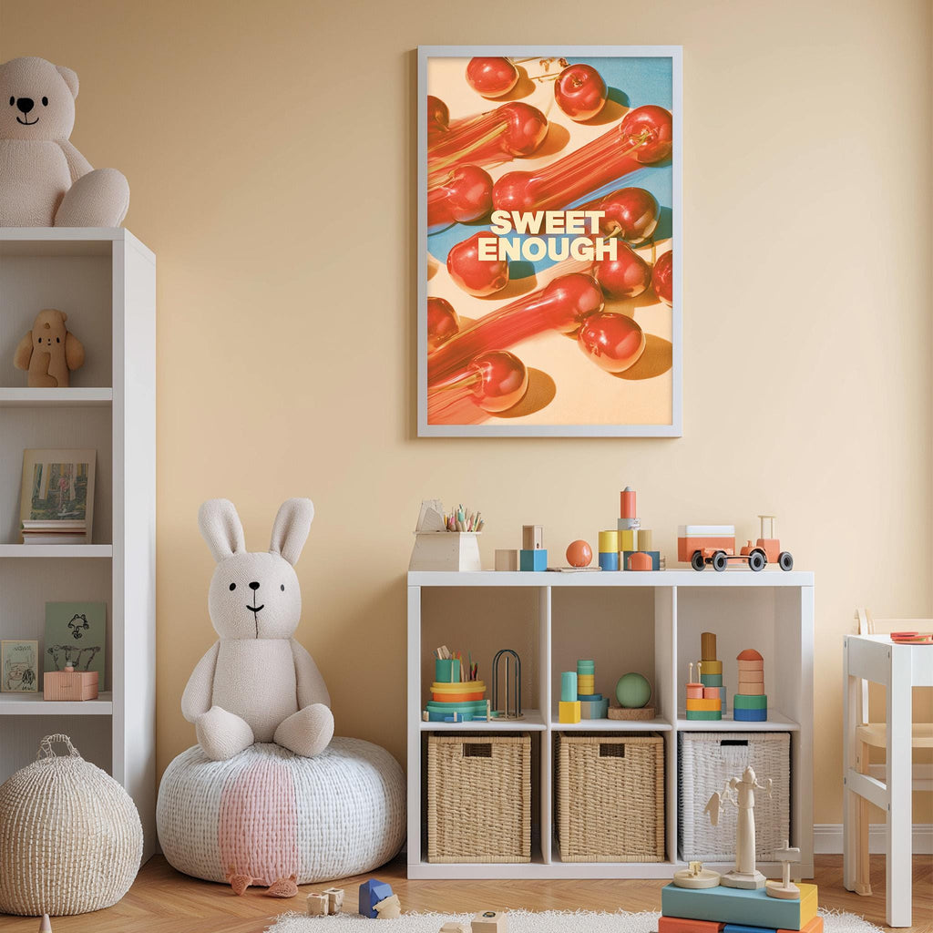 a child's bedroom with a white bookshelf, a stuffed rabbit, a toy train, and a colorful poster on the wall.