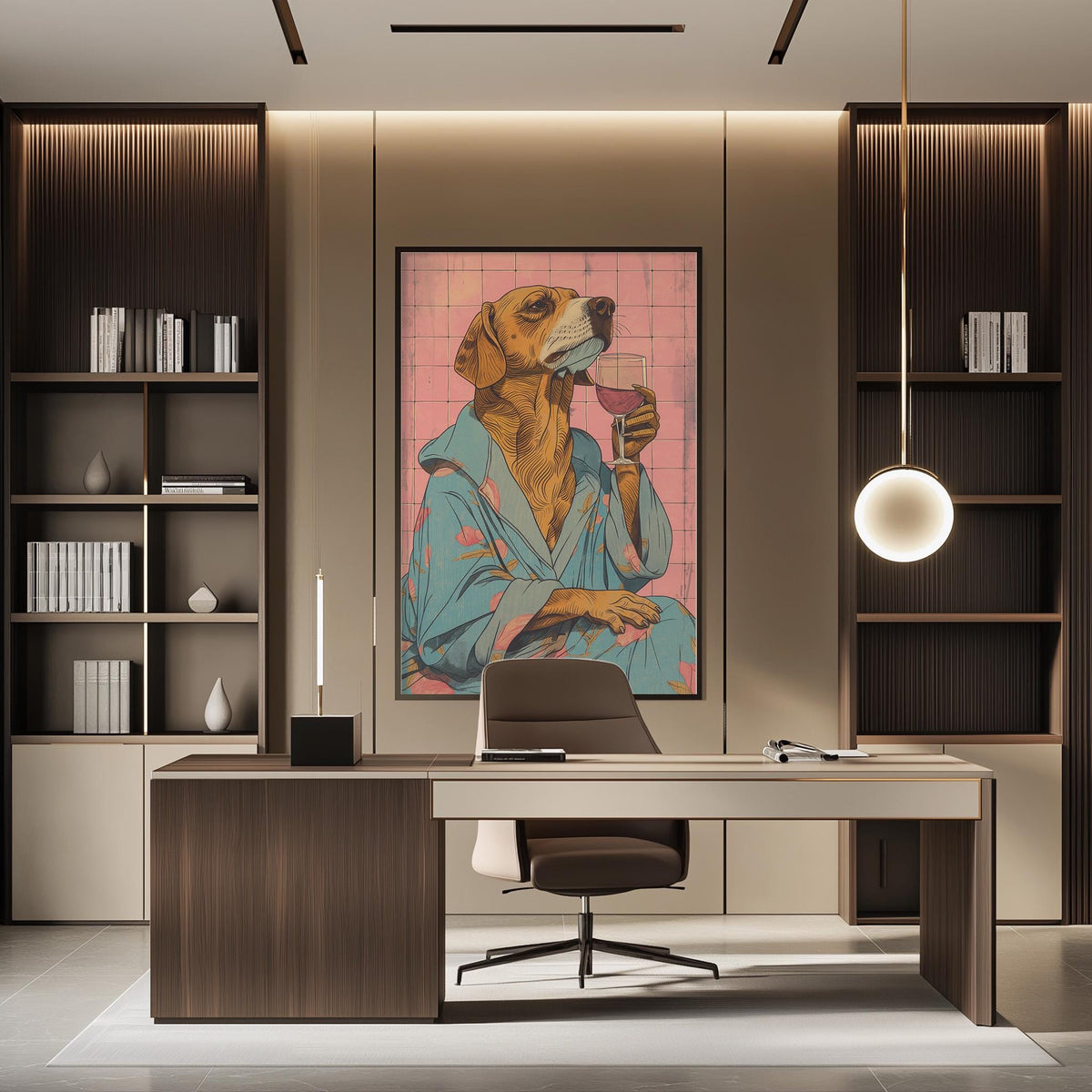 a modern office space with a large framed painting of a dog wearing a robe and holding a wine glass, which serves as a focal point in the room. The office has a wooden desk, a chair, and a bookshelf, creating a professional and stylish atmosphere.