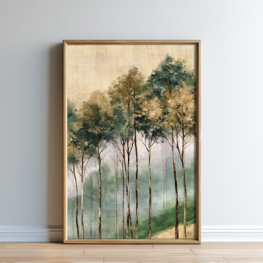 The image is a framed painting depicting a serene forest scene with tall trees and a misty, hazy background.