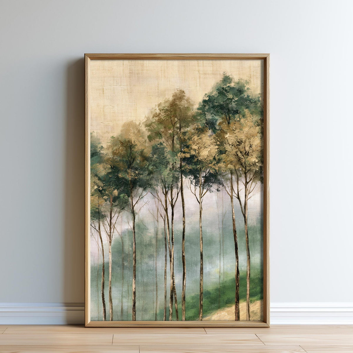 The image is a framed painting depicting a serene forest scene with tall trees and a misty, hazy background.