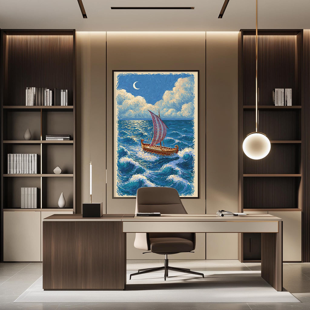 a modern office space with a large painting of a sailboat on the wall, a desk with a chair, and built-in bookshelves.