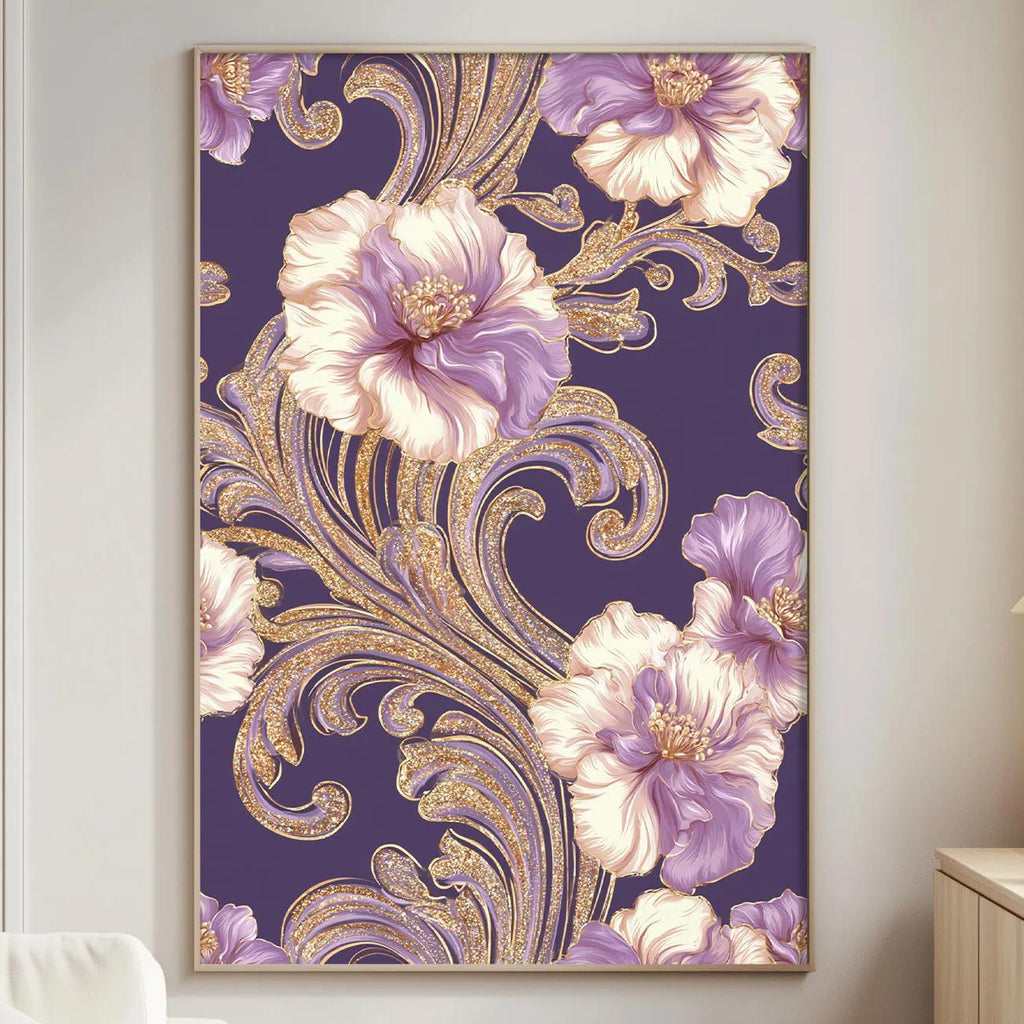 a large floral print hanging on a wall in a living room, with a white sofa and a wooden side table nearby.