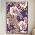 a large floral print hanging on a wall in a living room, with a white sofa and a wooden side table nearby.