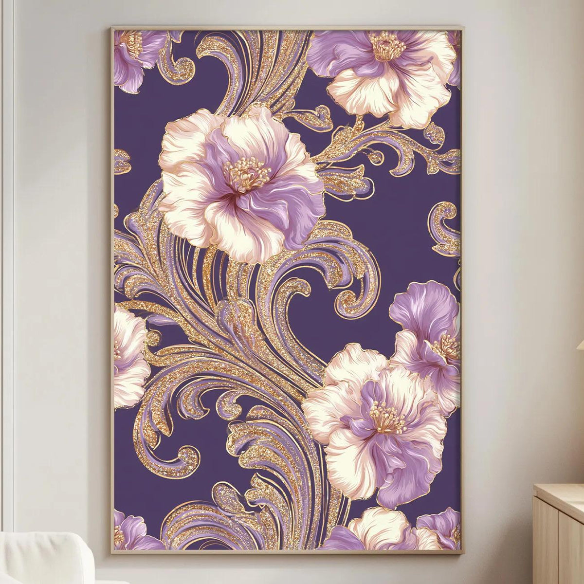 a large floral print hanging on a wall in a living room, with a white sofa and a wooden side table nearby.
