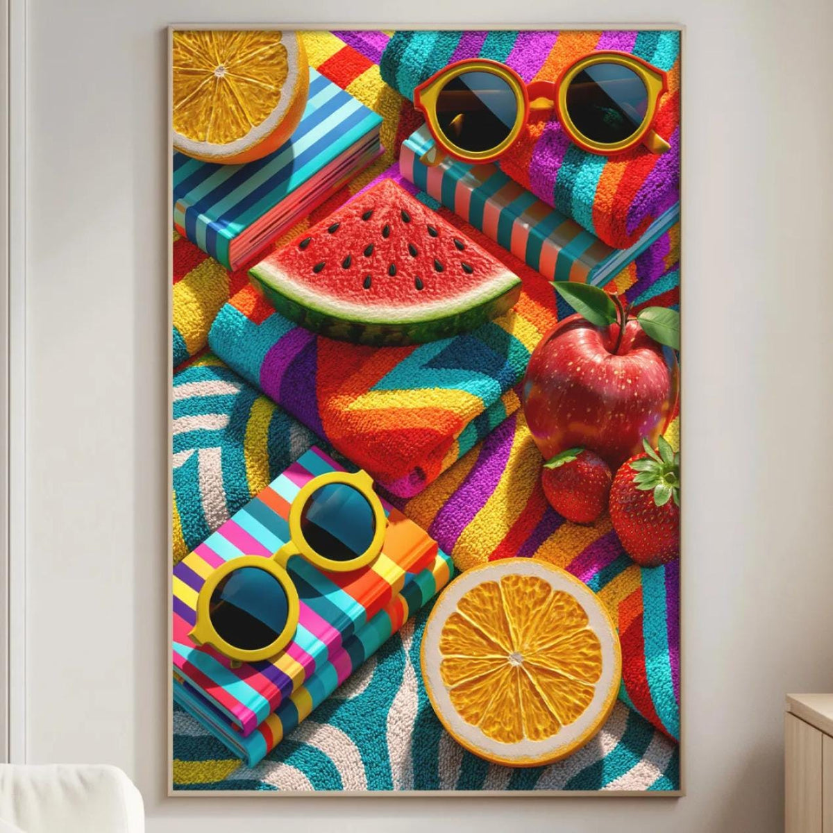 a vibrant and colorful collage of various fruits and sunglasses, creating a playful and whimsical atmosphere.