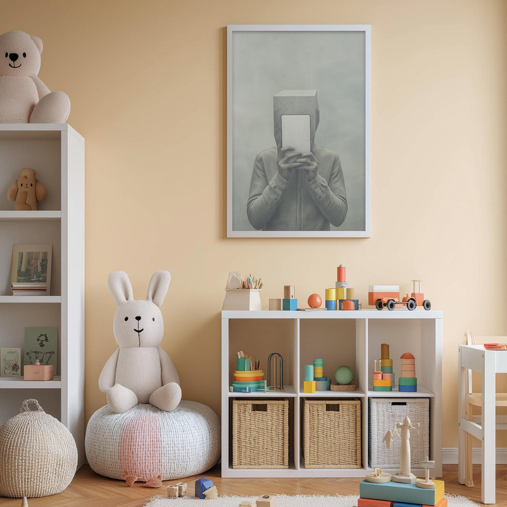 A cozy and colorful children's bedroom with a bookshelf, stuffed animals, and a toy chest. The walls are painted a light peach color, and there is a framed black and white photograph of a person holding a box on the wall.