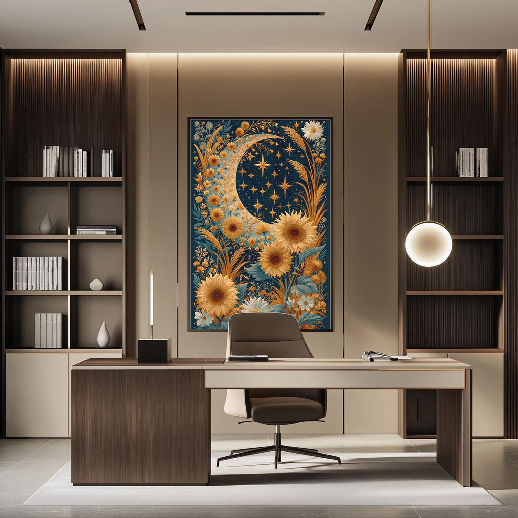 a modern and stylish office space with a large framed artwork featuring a crescent moon and sunflowers as the focal point. The office has a wooden desk, a comfortable chair, and built-in bookshelves. The overall design and decor create a warm and inviting atmosphere.