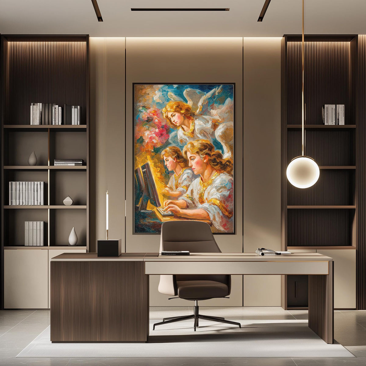 a modern office space with a large painting of angels on the wall, a desk with a chair, and a bookshelf filled with books.