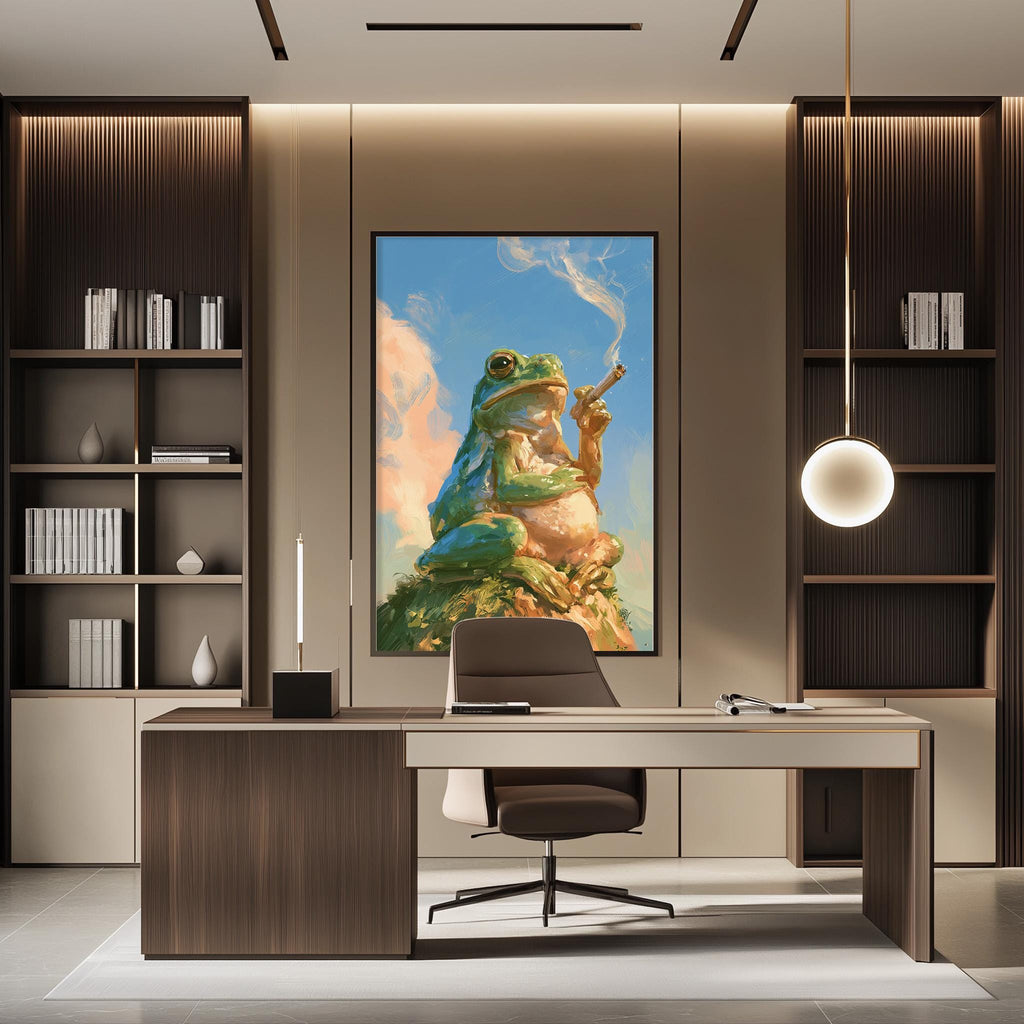 a modern office space with a large painting of a frog sitting on a rock, smoking a pipe, and surrounded by bookshelves.