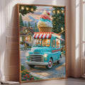 A vintage blue truck with a large ice cream cone on top is parked on a street, surrounded by colorful flowers and a picturesque mountain backdrop.