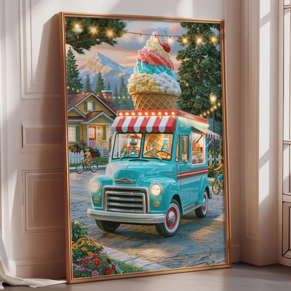 A vintage blue truck with a large ice cream cone on top is parked on a street, surrounded by colorful flowers and a picturesque mountain backdrop.