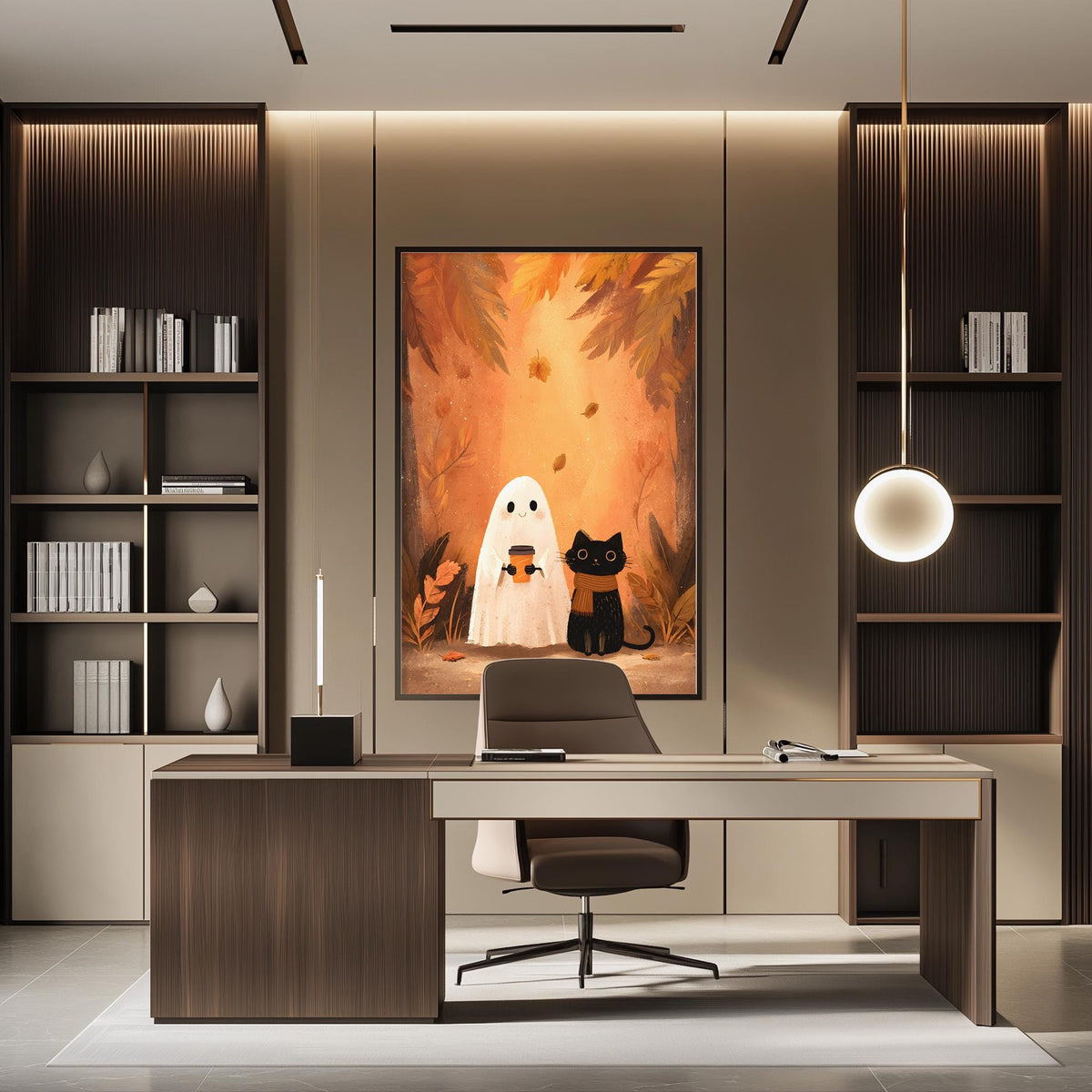 a modern office space with a large framed artwork depicting a ghost and a cat on the wall. The office has a wooden desk, a chair, and a bookshelf filled with books. The overall design and decor create a sophisticated and stylish atmosphere.
