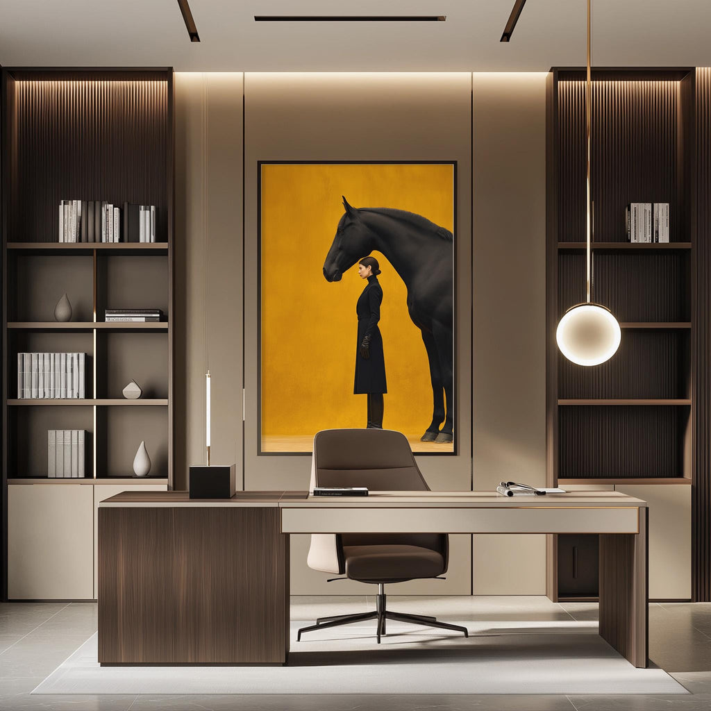 a modern and stylish office space with a large framed picture of a horse and a woman on the wall. The office has a wooden desk, a comfortable chair, and a bookshelf filled with books. The overall design and decor create a sophisticated and professional atmosphere.