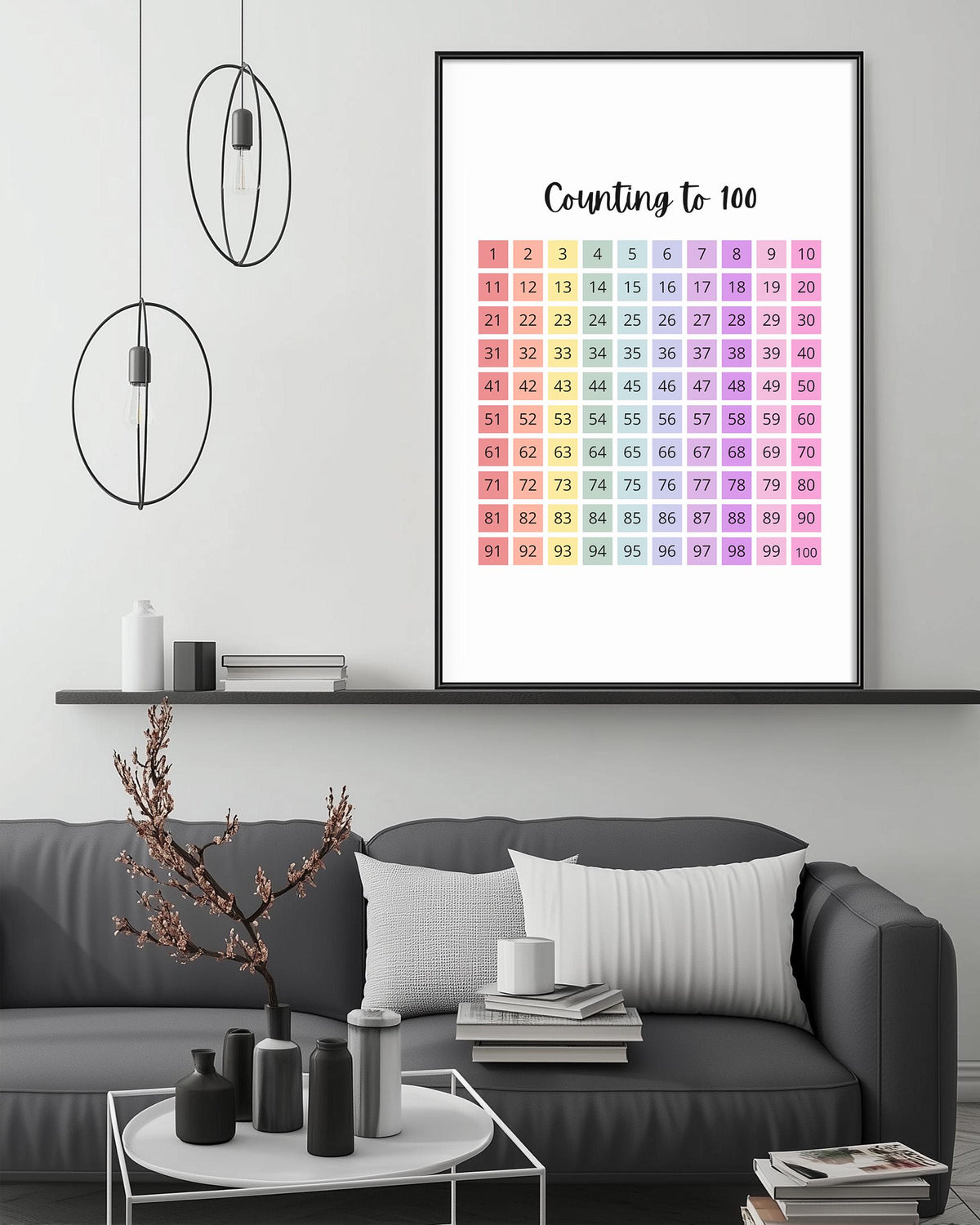 a living room with a gray couch, a coffee table, and a large poster of a counting chart on the wall.