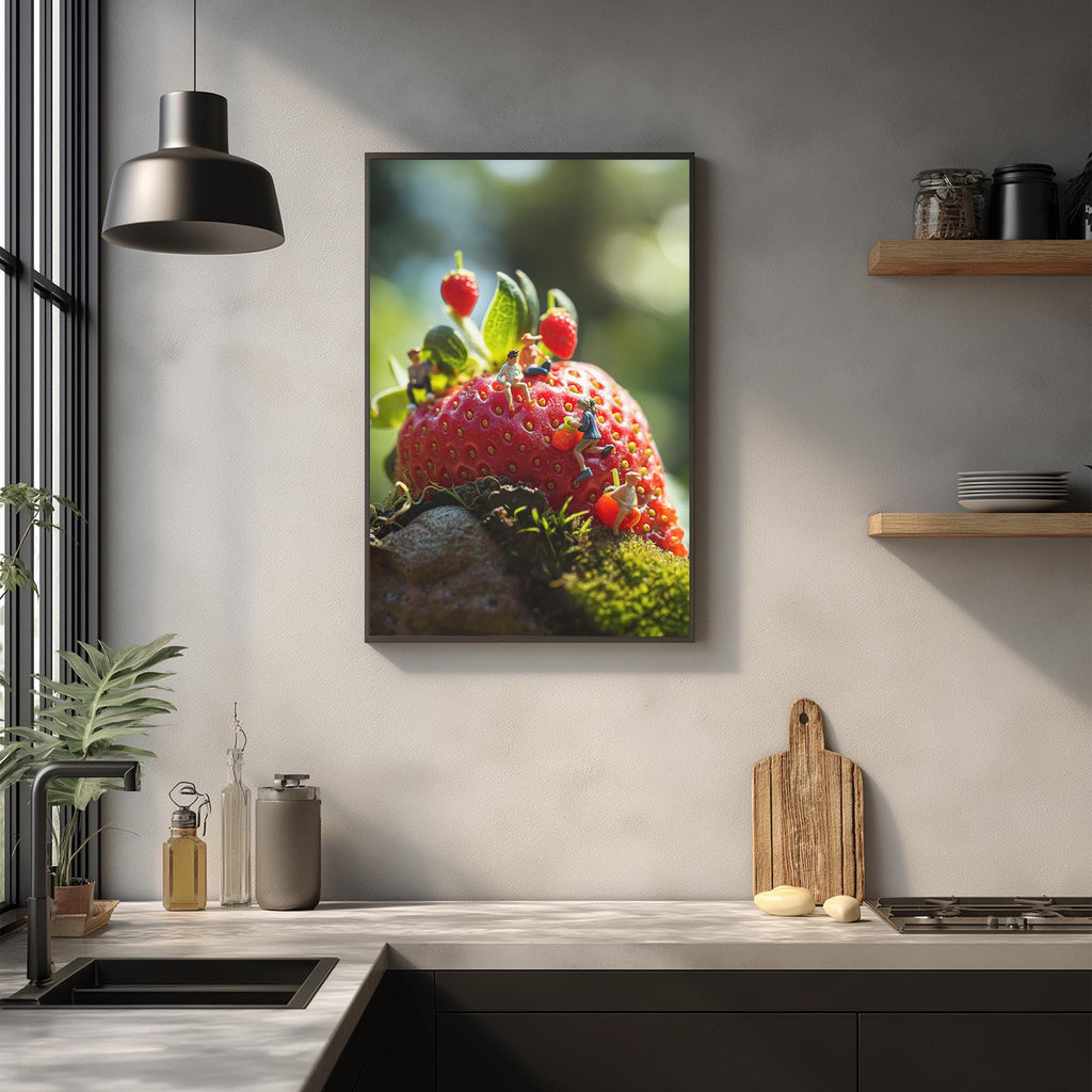 a framed photograph of a ripe strawberry on a kitchen counter, with a wooden cutting board and other kitchen items visible below it.