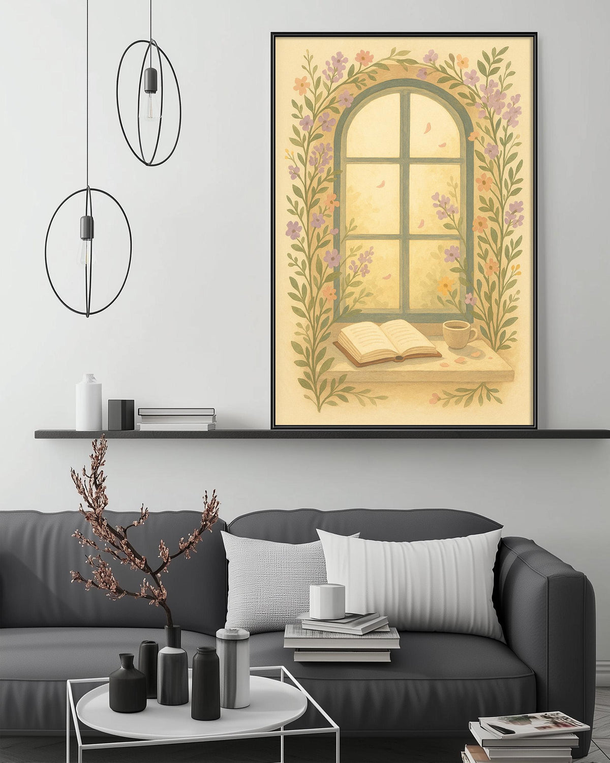 a cozy living room with a gray sofa, a coffee table, and a large framed picture of a window with flowers and an open book on the sill. The room has a minimalist and modern design, with pendant lights hanging above the sofa and a shelf displaying various decorative items.