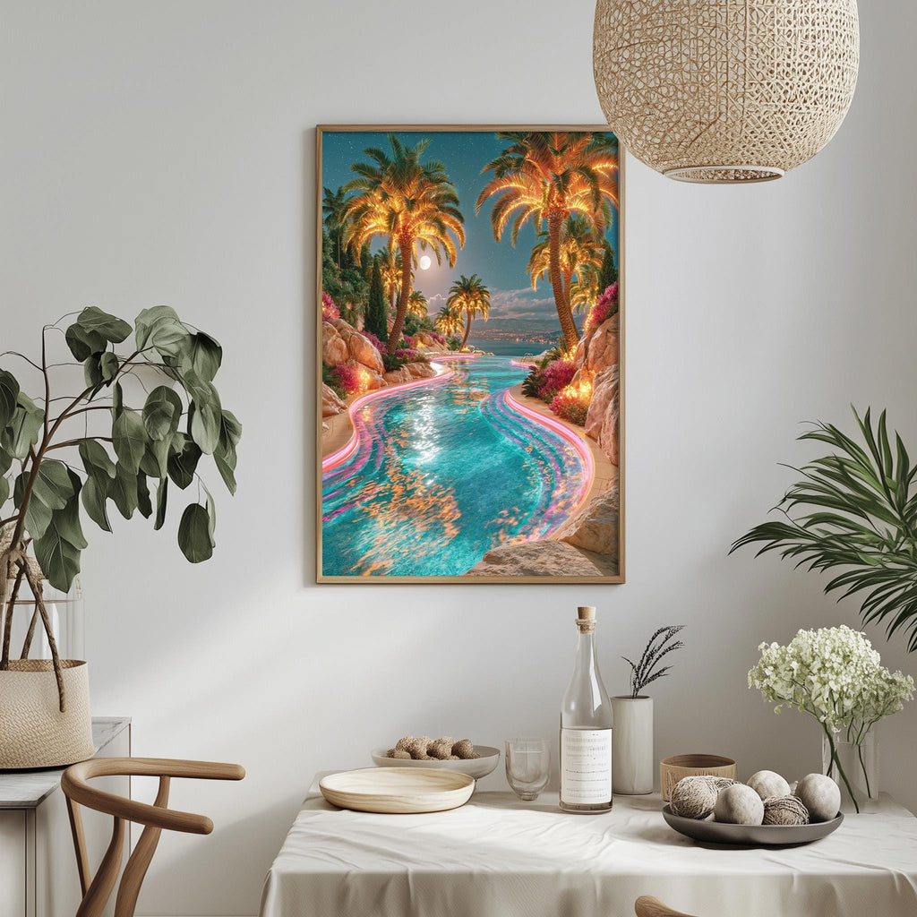a tropical beach scene with palm trees, a pool, and a moonlit sky. The scene is framed and hung on a wall above a dining table with various decorative items and plants.
