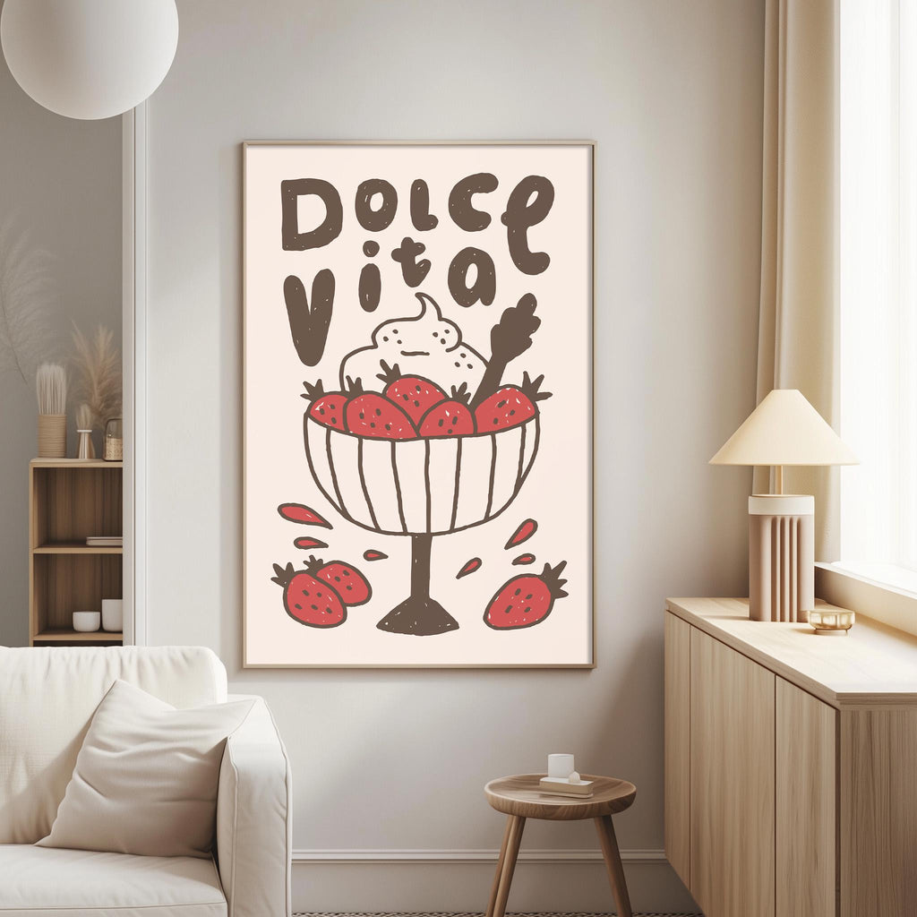 a poster of a bowl of strawberries with a caption that reads "Dolce Vita".