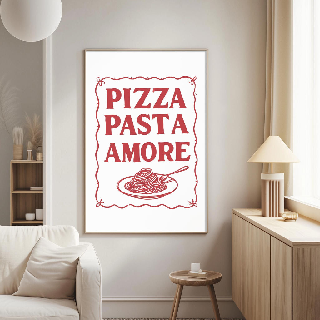 a living room with a framed poster on the wall that says "PIZZA PASTA AMORE" in red text.