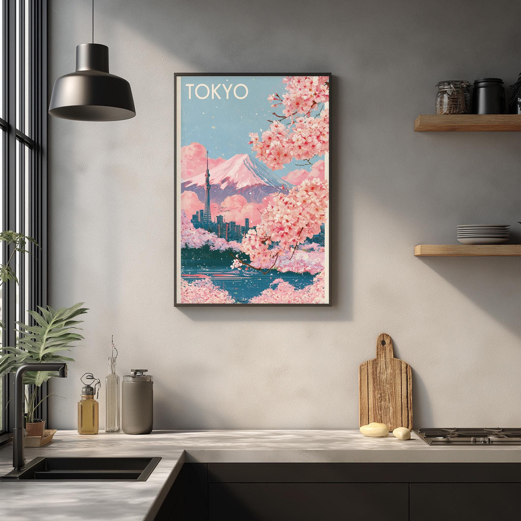 a framed poster of Tokyo, a city in Japan, hanging on a wall above a kitchen counter.