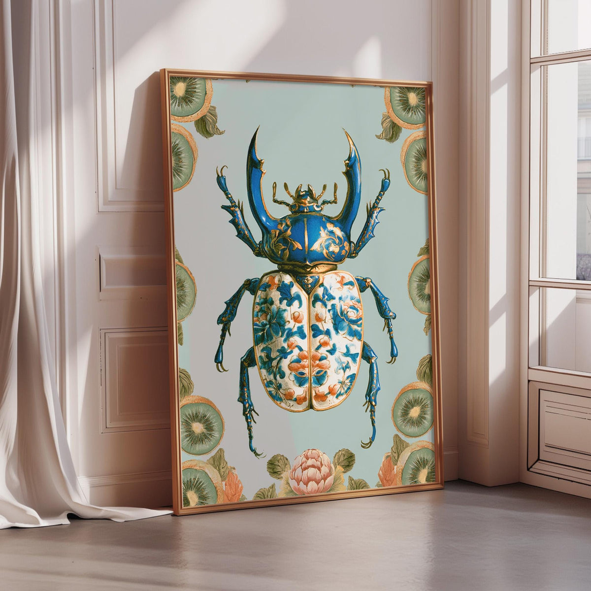 A framed illustration of a colorful, detailed blue and gold beetle is displayed on a wall in a room with a window.