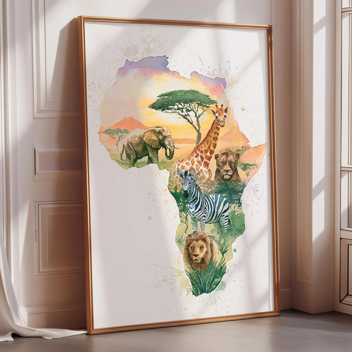 The image is a framed artwork depicting various African animals, including elephants, giraffes, zebras, and lions, arranged in the shape of the African continent.