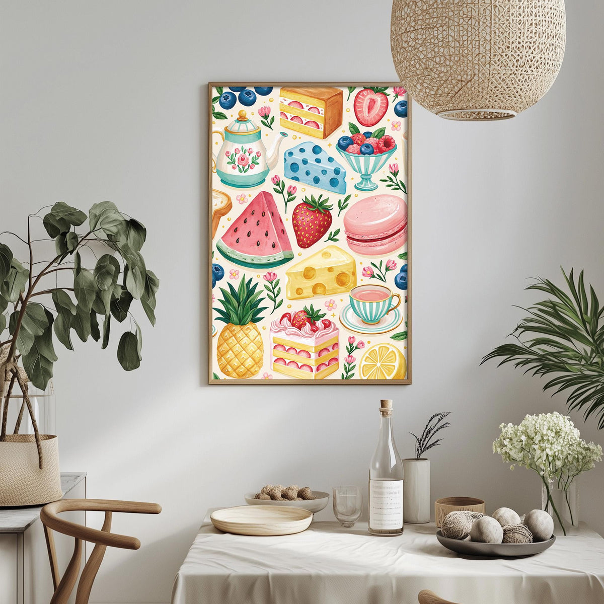 a dining table with a white tablecloth, surrounded by chairs. On the table, there are various food items and decorative items, including a framed print of colorful illustrations of food, a potted plant, and a vase with flowers.