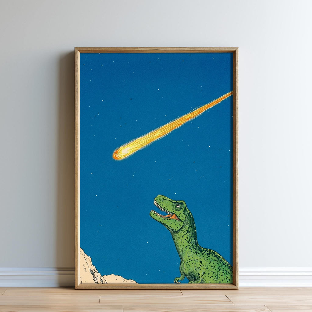 A framed illustration depicting a green dinosaur-like creature gazing up at a bright yellow meteor streaking across a deep blue night sky.