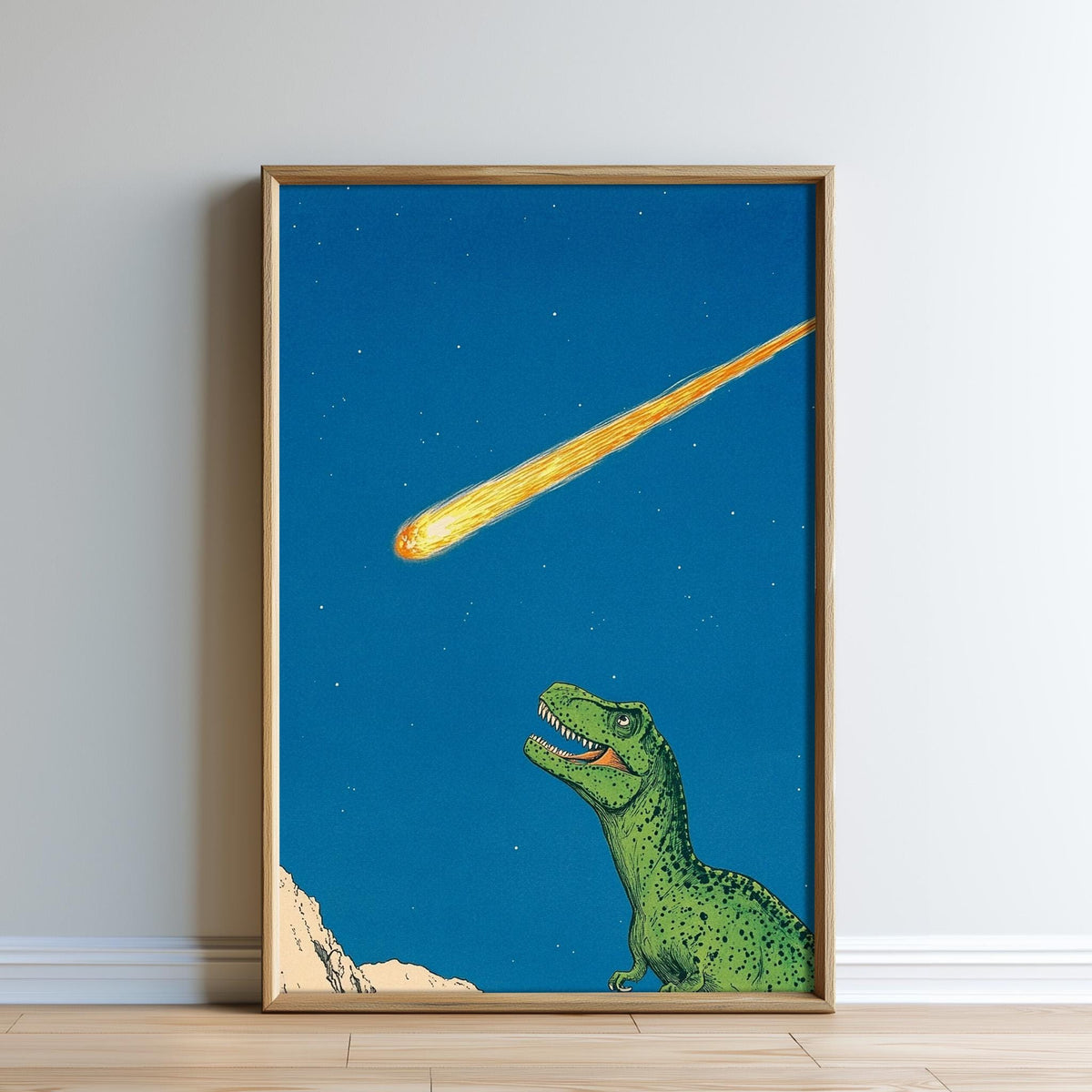 A framed illustration depicting a green dinosaur-like creature gazing up at a bright yellow meteor streaking across a deep blue night sky.