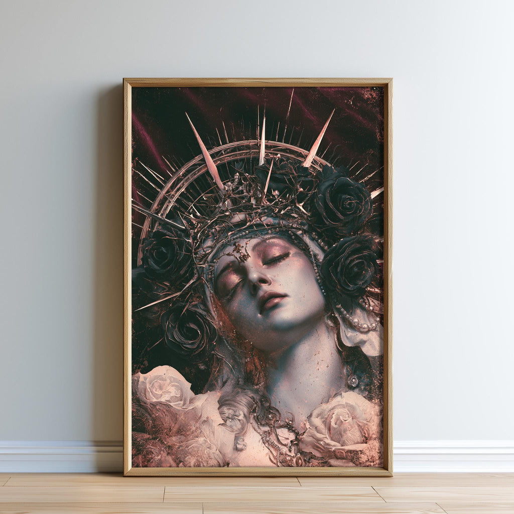 The image is a framed artwork depicting a woman's face with a crown of roses and a crown of thorns, set against a dark background with a red and purple hue.