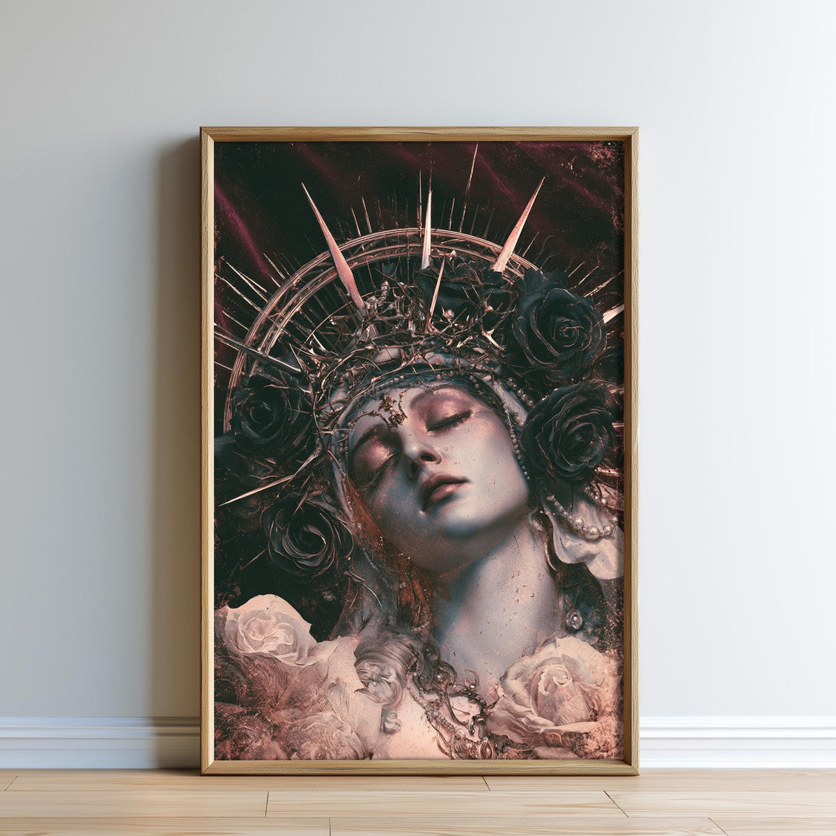 The image is a framed artwork depicting a woman's face with a crown of roses and a crown of thorns, set against a dark background with a red and purple hue.