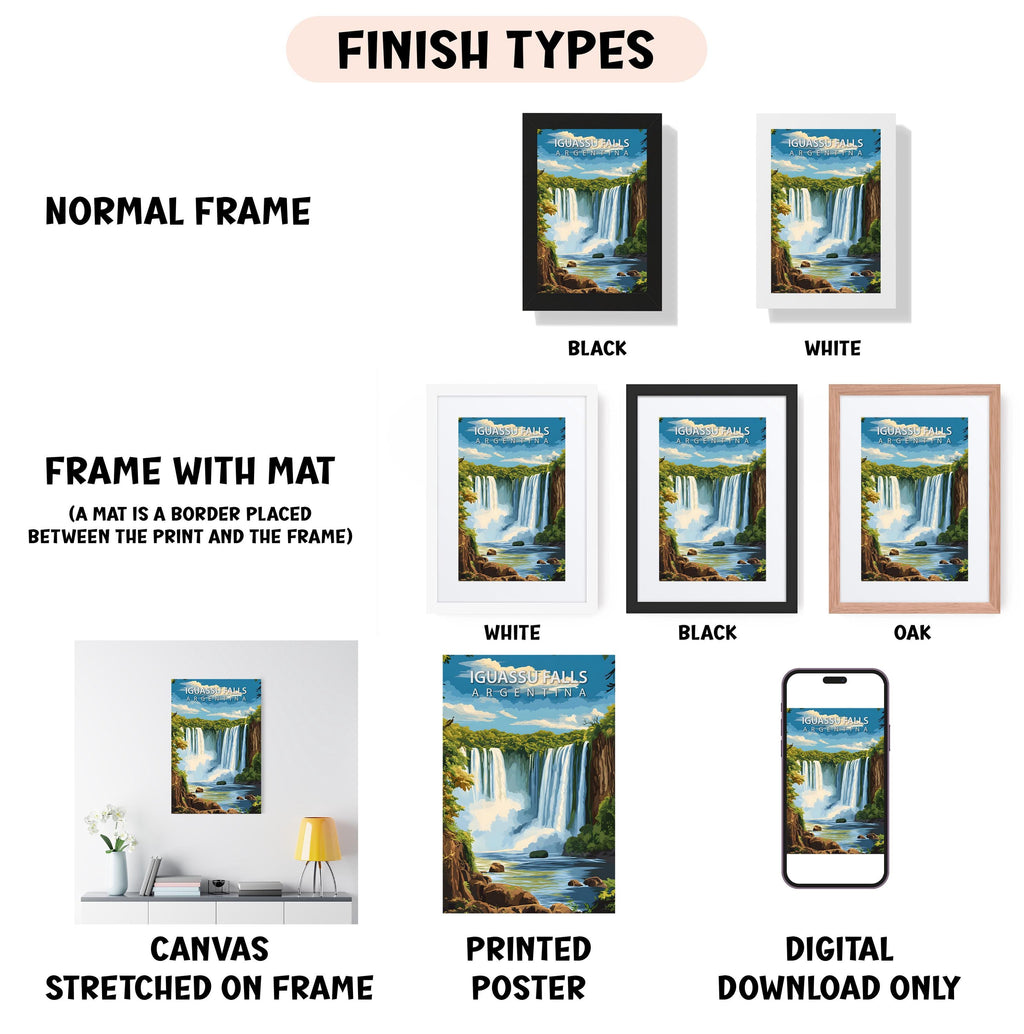 various types of artwork, including a normal frame, a frame with a mat, a white frame, a black frame, an oak frame, a white canvas stretched on a frame, a printed poster, and a digital download only.