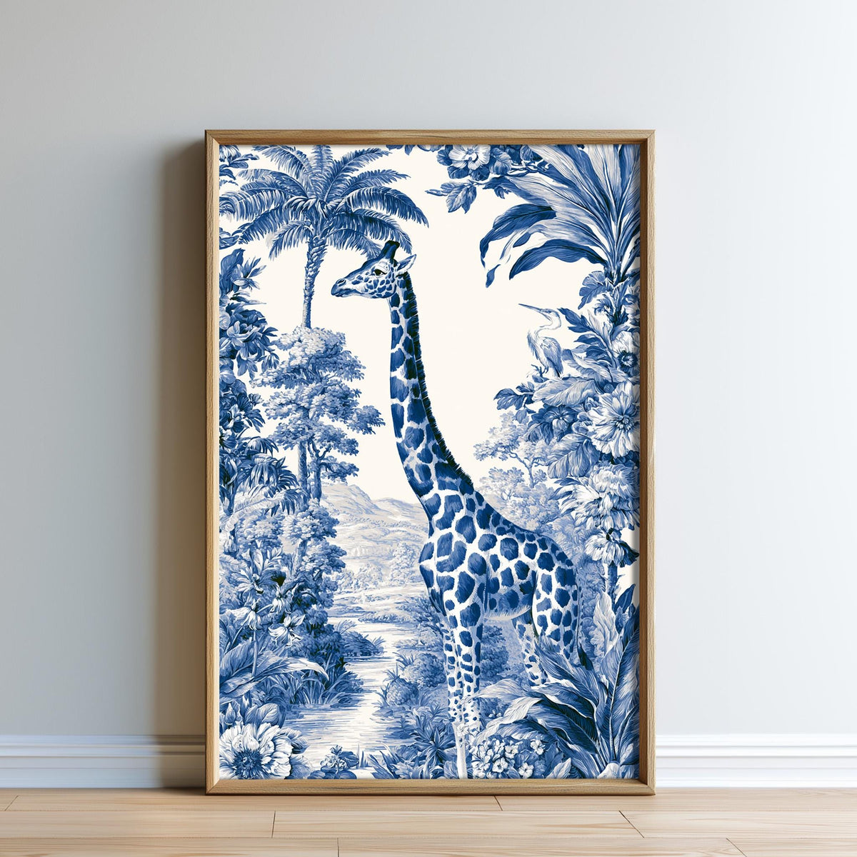 A framed print depicting a giraffe in a lush, tropical jungle setting with palm trees, flowers, and a winding river.