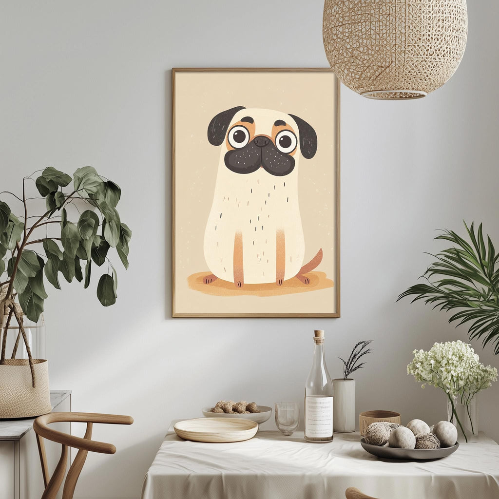 a cozy dining area with a framed picture of a cute pug dog hanging on the wall above a table set with plates, bowls, and a bottle.