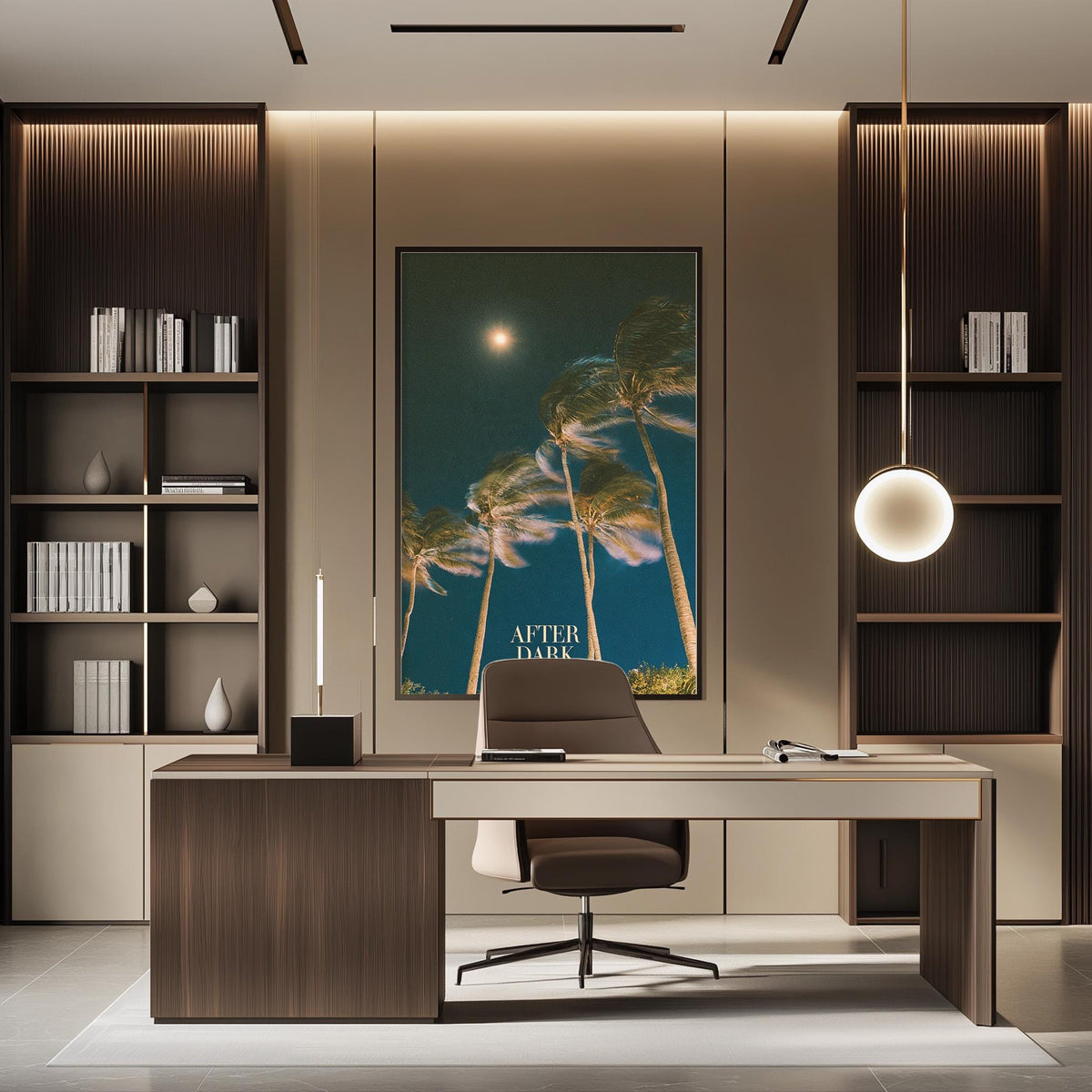 a modern and stylish office space with a large framed poster of palm trees on the wall, a wooden desk with a chair, and a bookshelf filled with books.