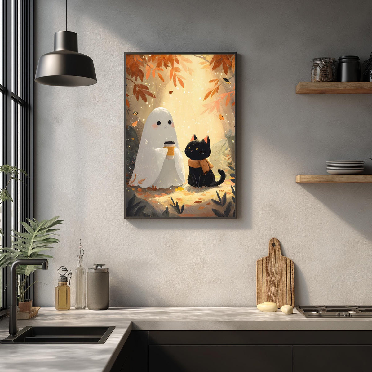 a kitchen scene with a framed illustration of a ghost and a cat on the wall.
