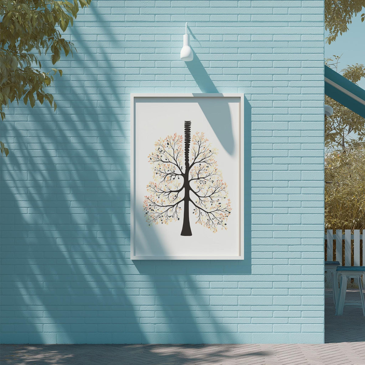 a blue brick wall with a framed artwork depicting a stylized tree with a black trunk and branches, set against a white background.