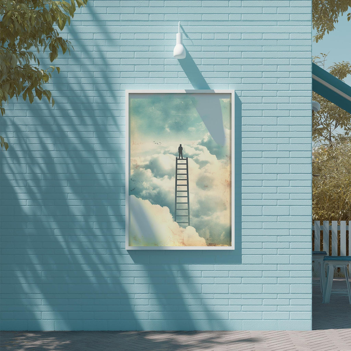 a person standing on a ladder, looking out over a cloudy sky, with a serene and dreamlike atmosphere.