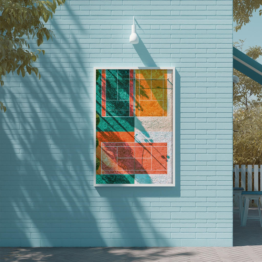 a vibrant, abstract painting of a tennis court, with bold colors and geometric shapes, mounted on a light blue brick wall.