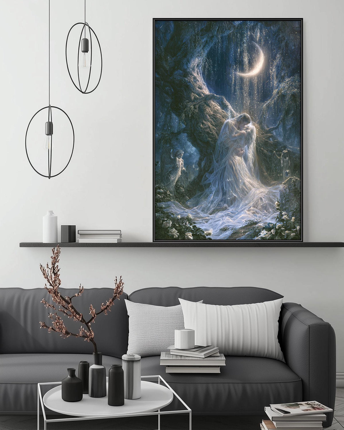 a large, framed painting of a fantastical scene with a crescent moon, a waterfall, and a woman in a flowing dress, hanging on a wall above a gray couch with a coffee table in front of it.