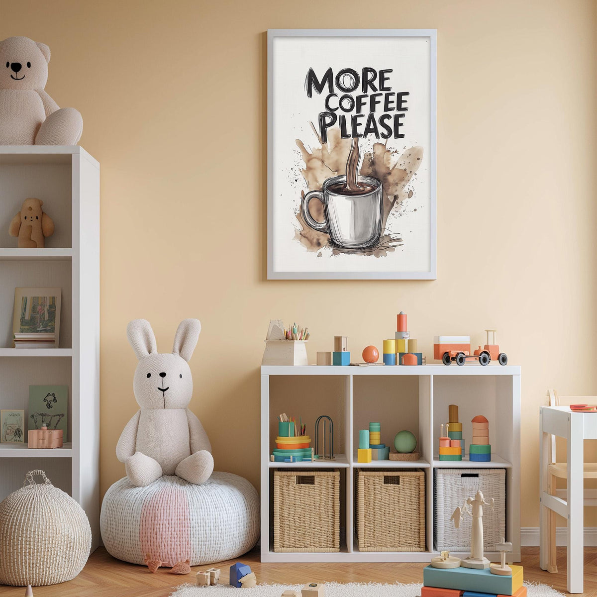 a cozy and colorful nursery or child's room with a teddy bear, a coffee mug, and various toys and storage containers.