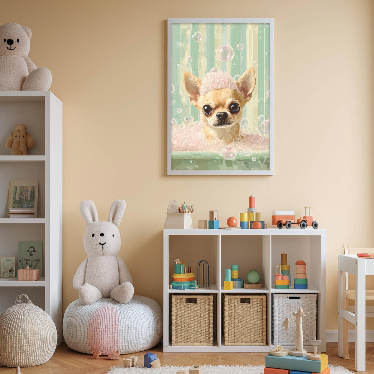 A cozy children's room with a white bookshelf, a stuffed rabbit, and a framed picture of a chihuahua in a bathtub.