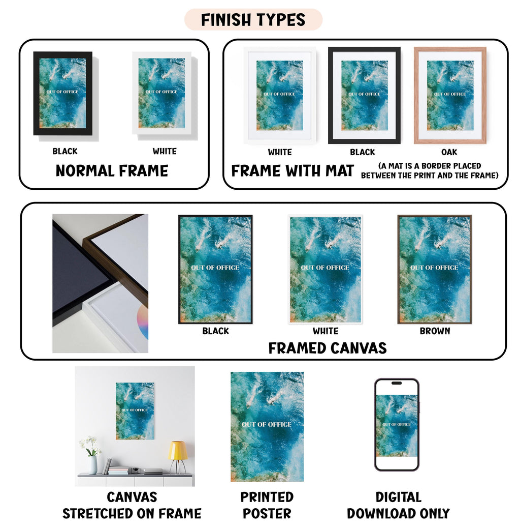 various finish types for artwork, including canvas, framed canvas, printed poster, and digital download, each with different color schemes and frame styles.