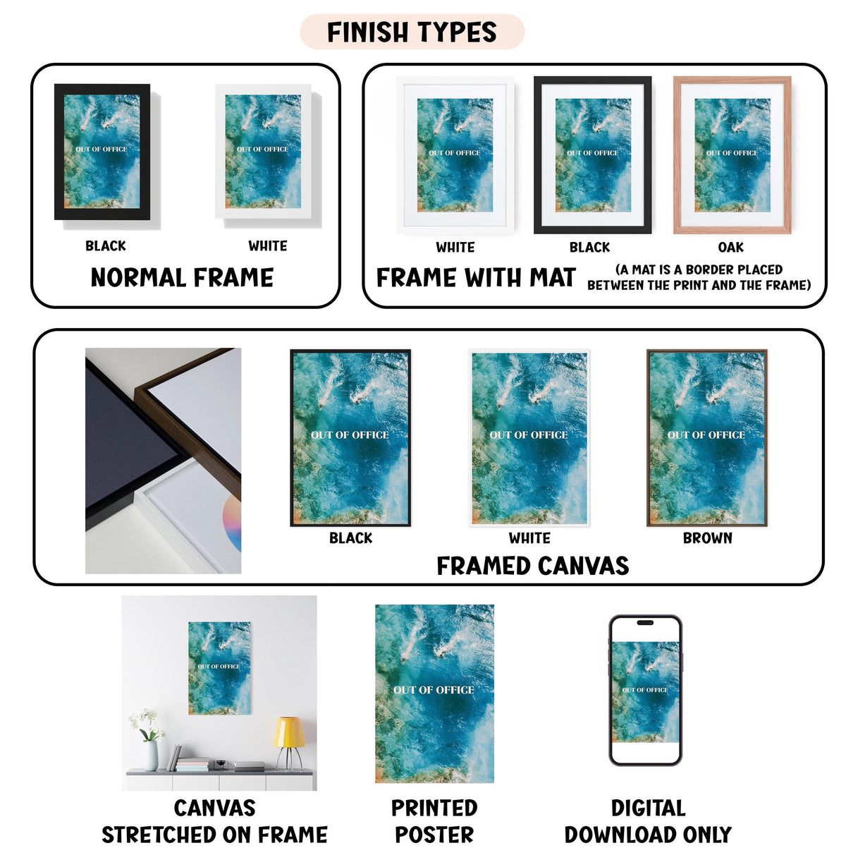 various finish types for artwork, including canvas, framed canvas, printed poster, and digital download, each with different color schemes and frame styles.