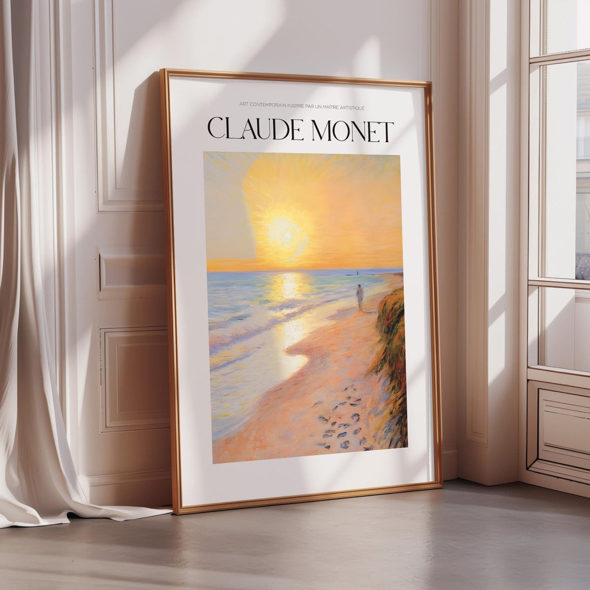 a framed painting of a beach scene with a sunset, a person walking along the shore, and a bird flying overhead.