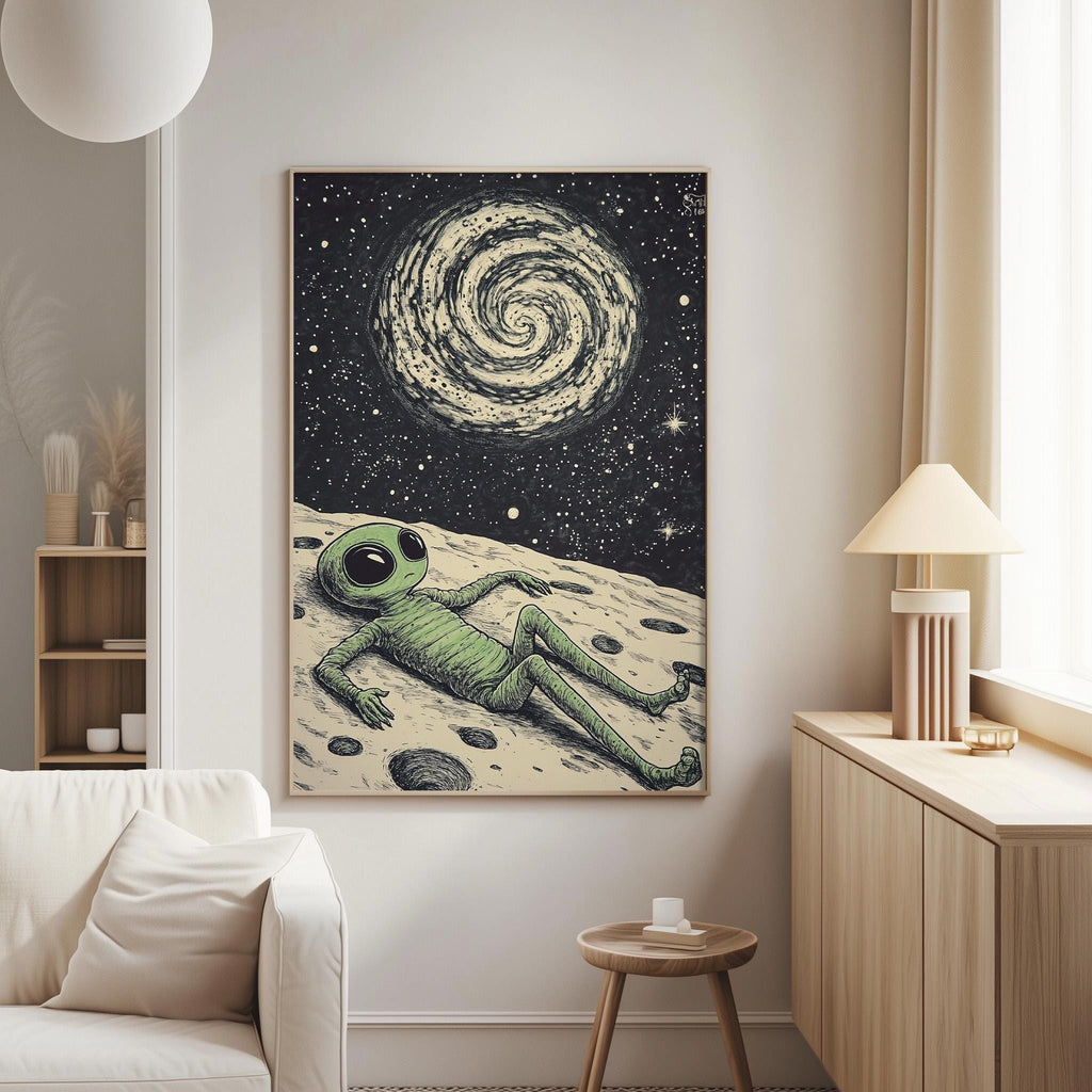 a large, colorful painting of an alien lying on a rocky surface, with a spiral galaxy in the background.