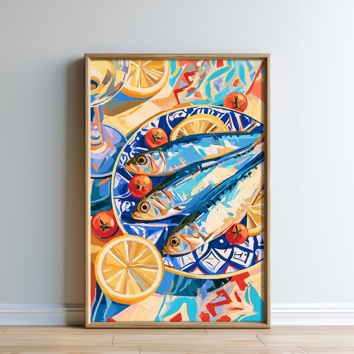 The image is a vibrant and colorful painting depicting a plate of fish, with slices of orange and lemon arranged around it.